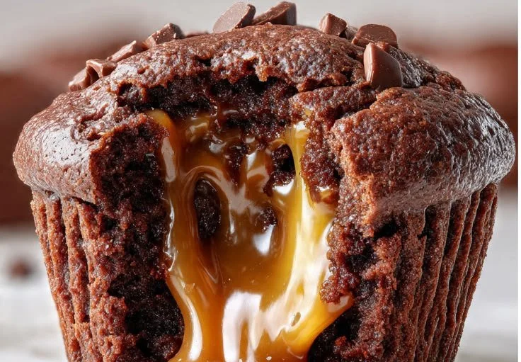 Delicious caramel-centered chocolate muffins fresh out of the oven.