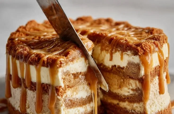 Caramel Cheesecake with Biscoff crust topped with caramel drizzle
