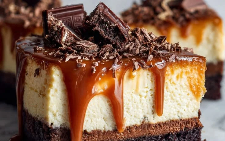 Delicious Caramel Cheesecake with Brownies topped with caramel sauce