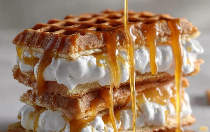 Delicious caramel cream waffles topped with caramel sauce and whipped cream
