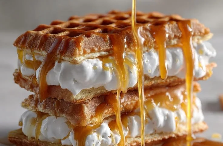 Delicious caramel cream waffles topped with caramel sauce and whipped cream