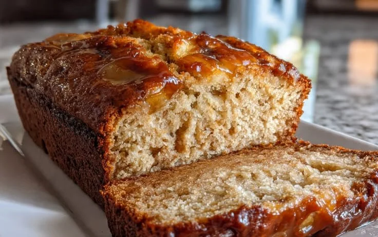 Caramel-topped banana bread squares on a plate, ready to be enjoyed