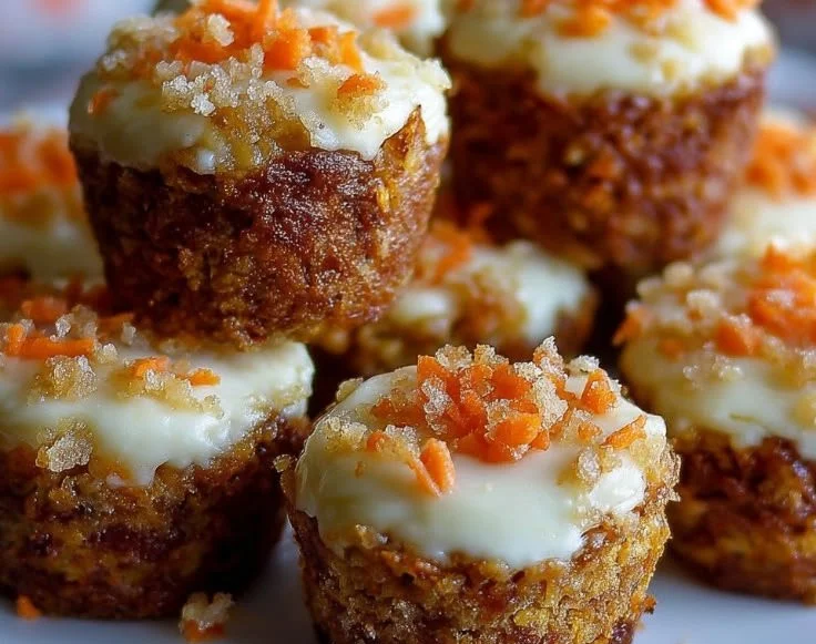 Carrot cake cheesecake bites served on a plate with icing and garnish