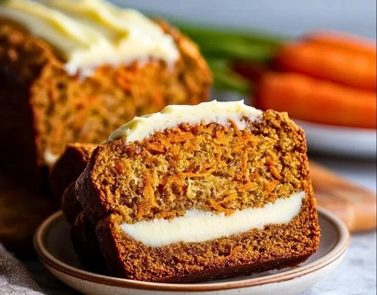 Slice of moist Carrot Cake Loaf with Cream Cheese Filling on a plate