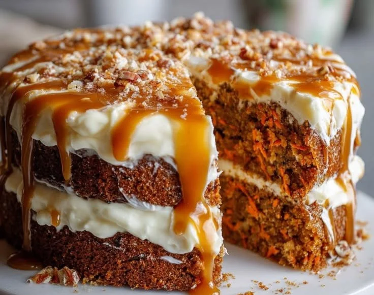 Delicious carrot cake topped with salted caramel drizzle and walnuts