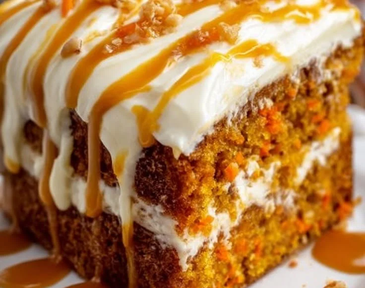 Delicious carrot cake topped with salted caramel drizzle