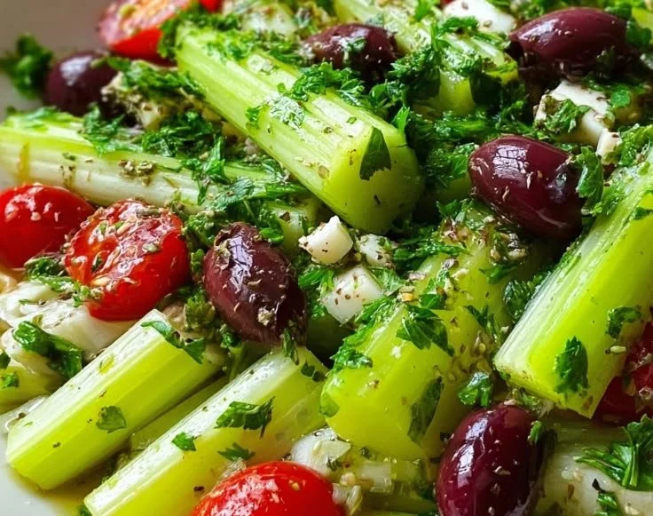 Colorful Celery Salad with Mediterranean ingredients in a bowl.