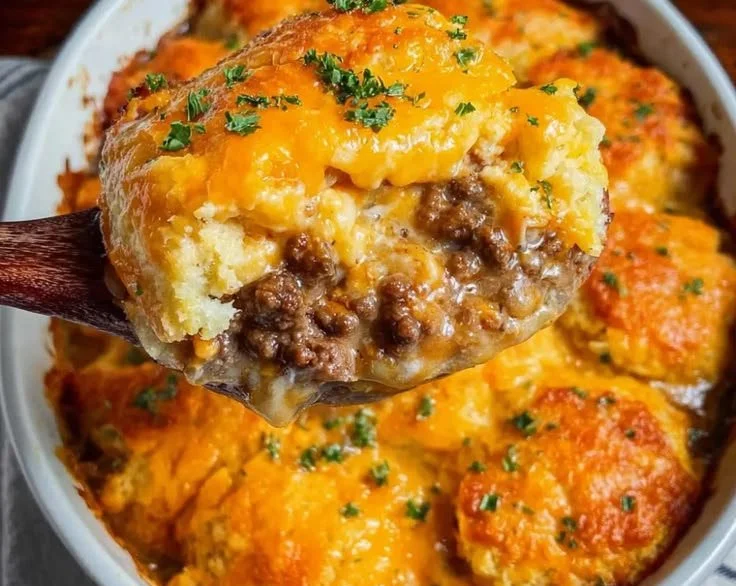 Delicious Cheddar Bay Ground Beef Cobbler with a golden biscuit topping
