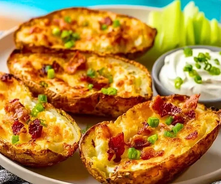 Baked cheddar potato skins topped with cheese and green onions