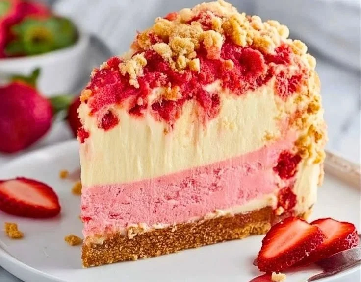 Delicious cheesecake strawberry crunch dessert with strawberries and crunchy topping