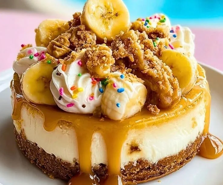 Delicious cheesecake topped with banana pudding and served on a plate