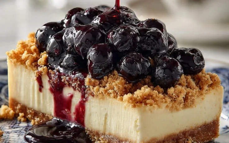 Cheesecake topped with a delicious blueberry crumble, served on a plate.