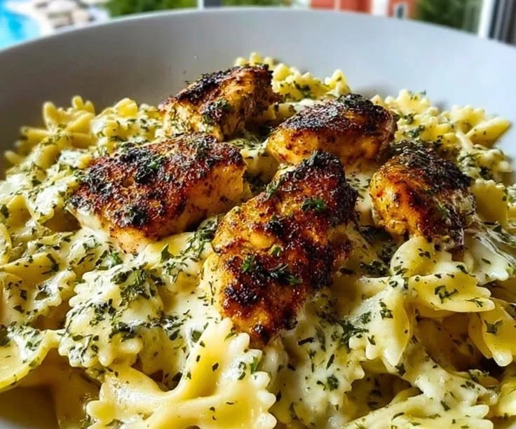 Cheesy Garlic Butter Chicken Bowties topped with Mozzarella Cream Sauce