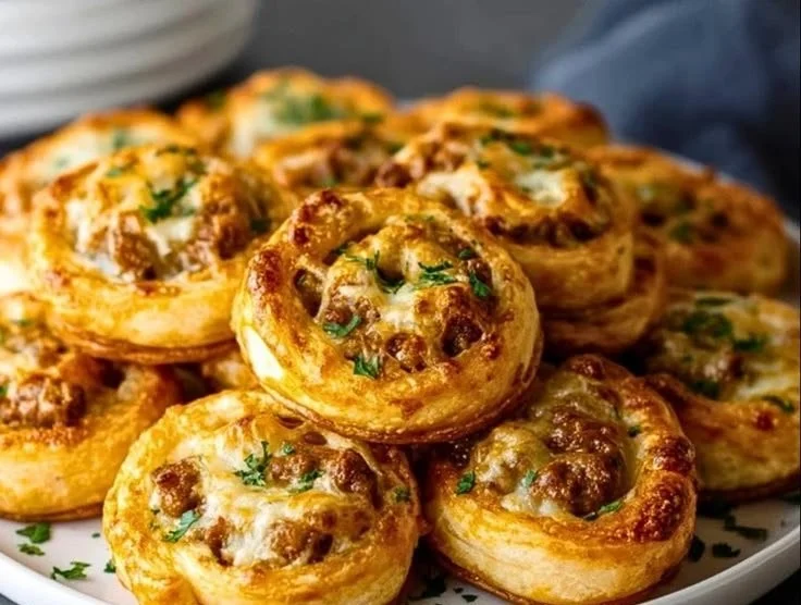 Cheesy puff pastry sausage pinwheels on a serving platter
