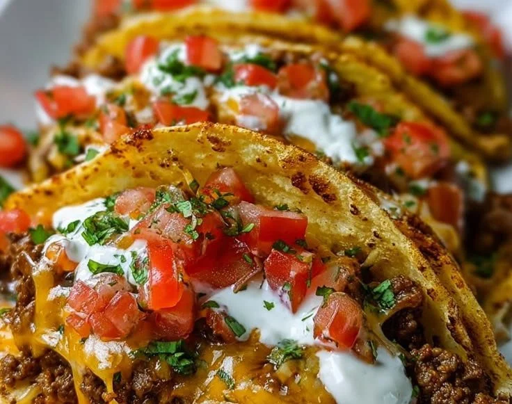 Delicious cheesy Rotel beef tacos in soft tortillas served on a plate