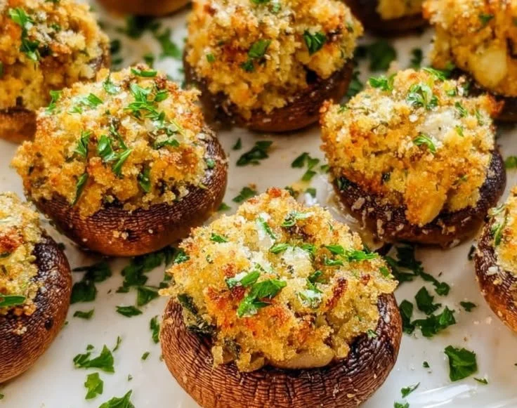Delicious cheesy stuffed mushrooms ready to serve as an appetizer