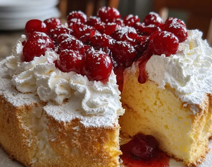Slice of Cherry Angel Cloud Cake topped with fresh cherries and whipped cream