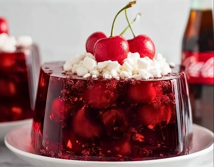 Delicious Cherry Coke Jello dessert served in a clear bowl.