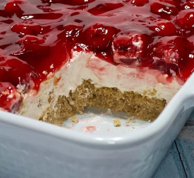 Delicious Cherry Delight Dessert with cherries and creamy layers