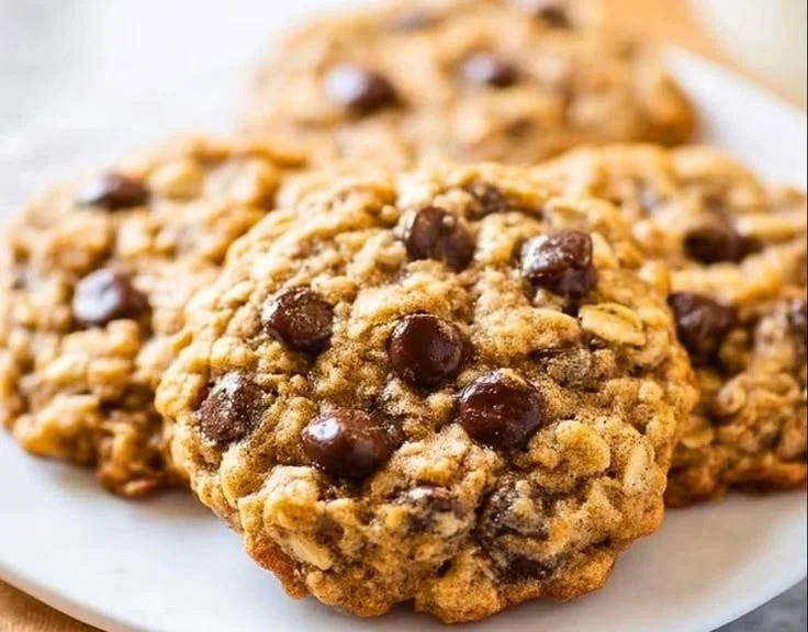 Plate of chewy oatmeal chocolate chip cookies fresh from the oven