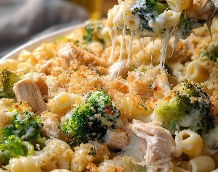 A delicious Chicken Alfredo Bake topped with cheese and parsley in a baking dish.