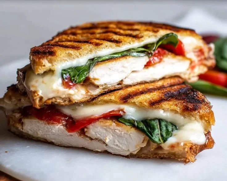 Delicious Chicken Caprese Panini with basil, mozzarella, and tomato.