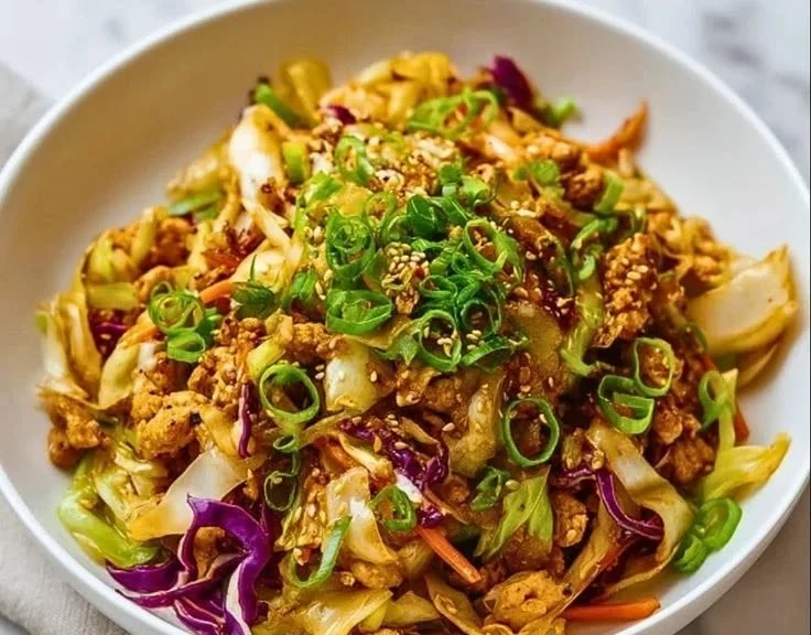 Colorful Chicken Egg Roll Bowl with fresh vegetables and savory sauce