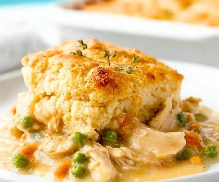 Delicious chicken pot pie cobbler served in a bowl, garnished with herbs.