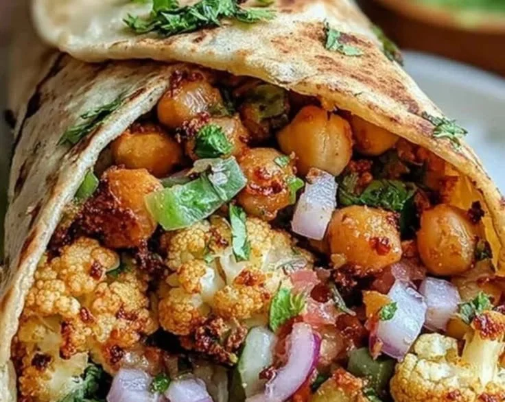 Chickpea cauliflower wraps high in protein, served deliciously on a plate.