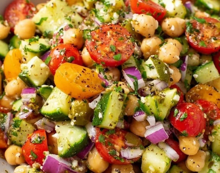 Colorful chickpea salad with fresh vegetables and herbs in a bowl