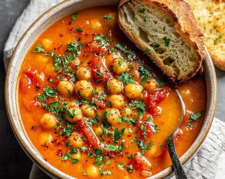 Bowl of chickpea tomato soup garnished with herbs