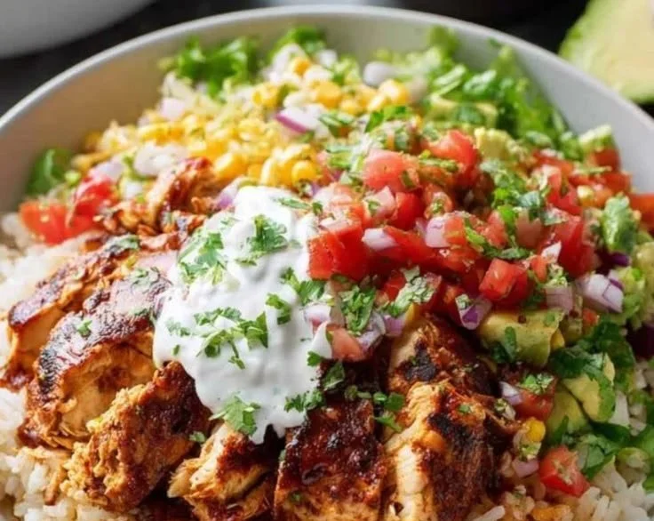 Delicious homemade Chipotle Chicken Rice Bowls with fresh ingredients