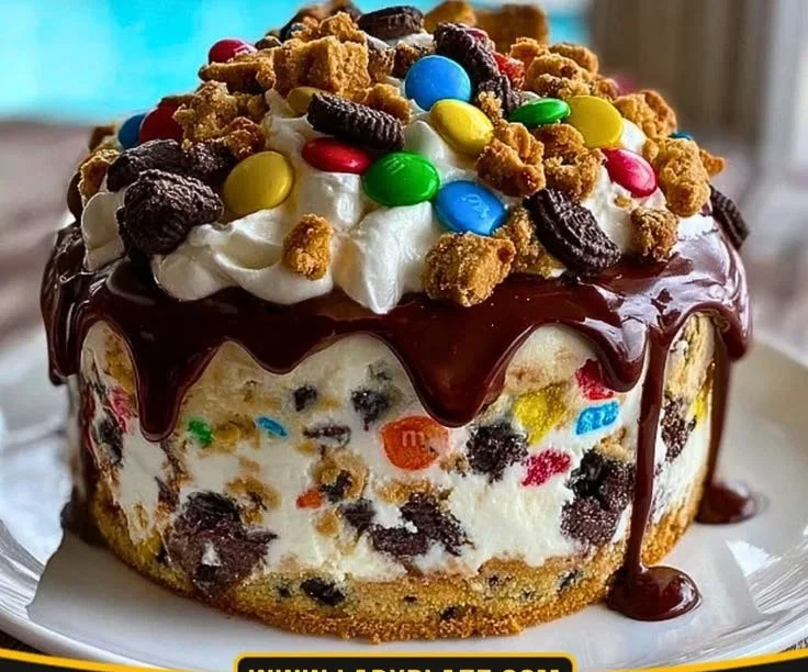 Chocolate Chip Cookie Dough Ice Cream Cake with M&M's topped with colorful candies