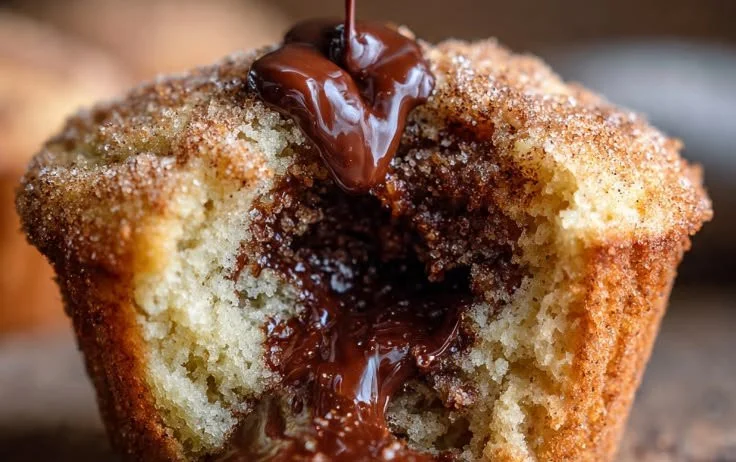 Chocolate Churro Muffins fresh out of the oven, topped with cinnamon sugar