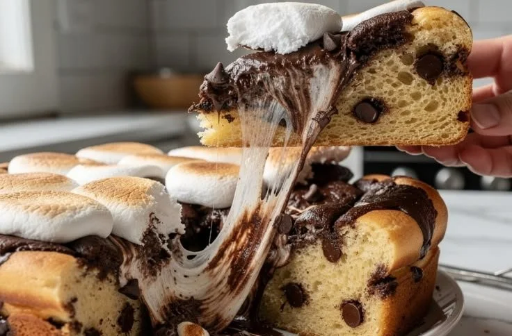 Delicious chocolate marshmallow baked pancake casserole served on a plate
