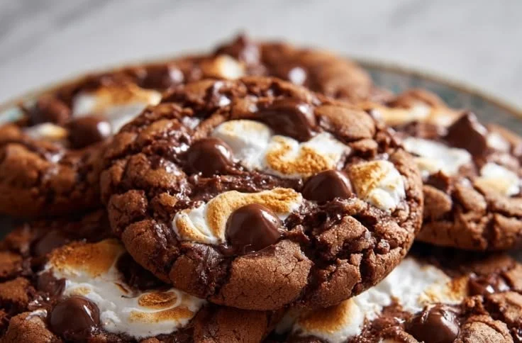 Delicious Chocolate Marshmallow Swirl Cookies on a baking sheet