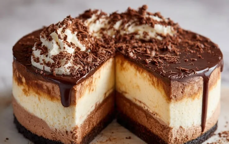 Deliciously rich Chocolate Mousse Cake topped with chocolate shavings.