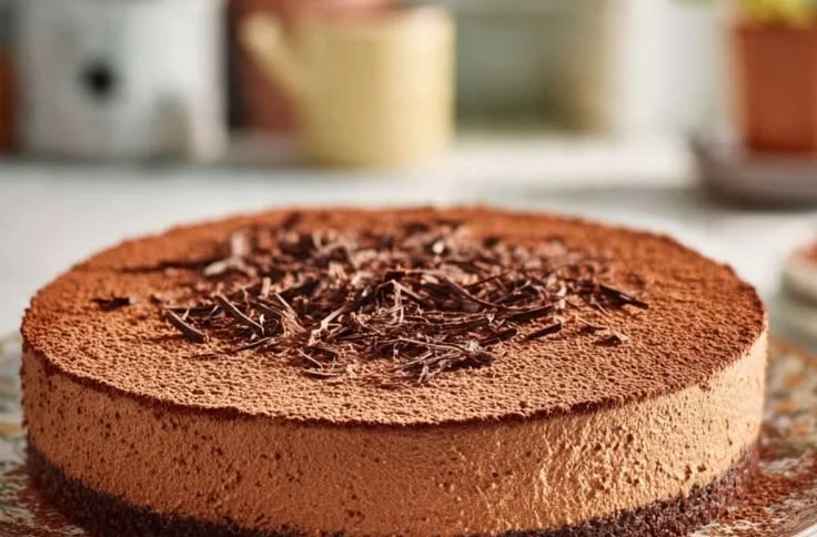 Delicious homemade Chocolate Mousse Cake topped with chocolate shavings