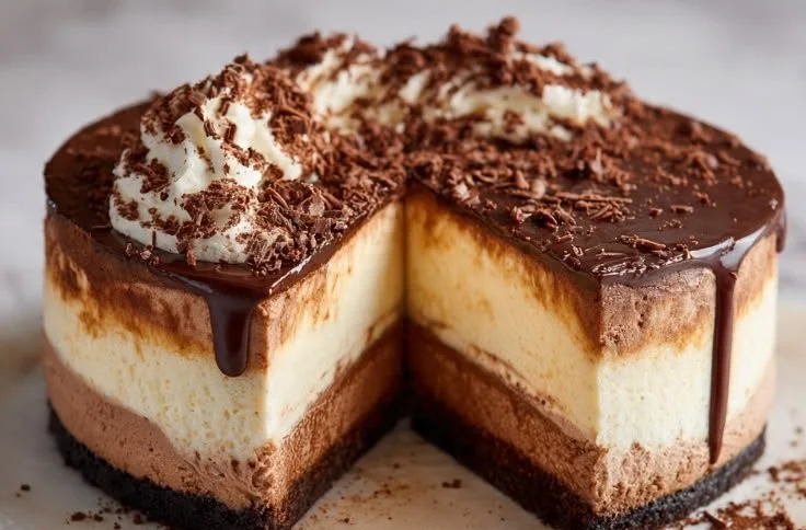 Delicious Chocolate Mousse Cake garnished with chocolate shavings