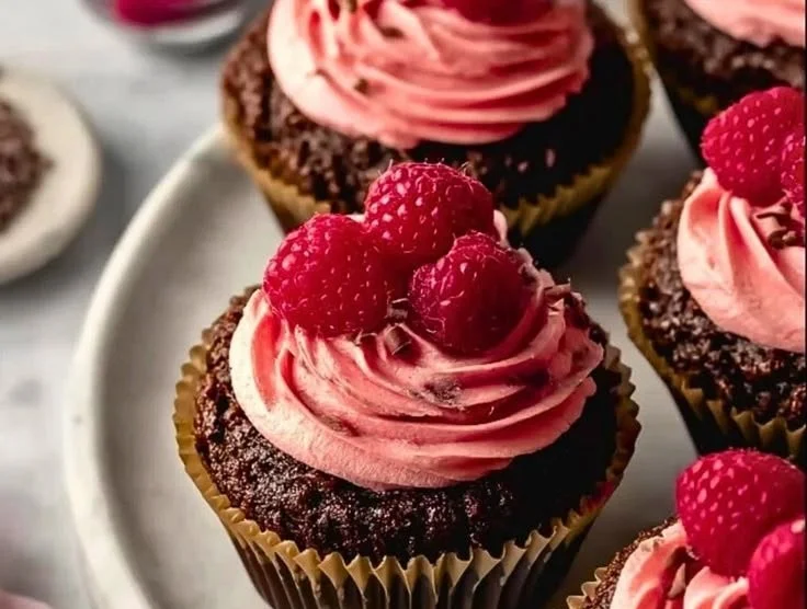 Decadent chocolate raspberry cupcakes topped with fresh raspberries and chocolate frosting