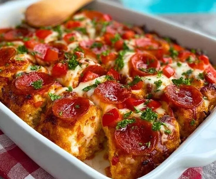 Chopped Biscuit Pizza Casserole topped with cheese and pepperoni in a baking dish