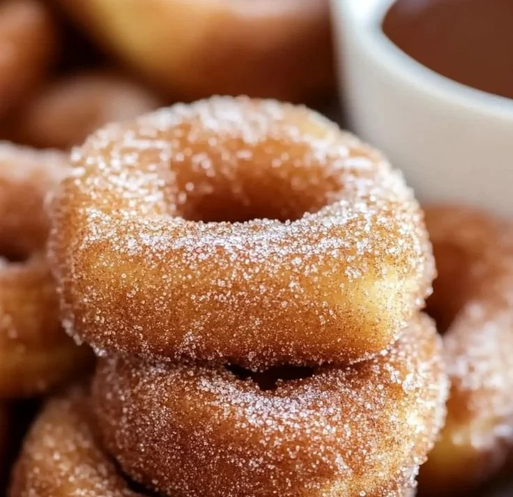 Delicious churro donut bites coated in cinnamon sugar, perfect for dessert lovers.