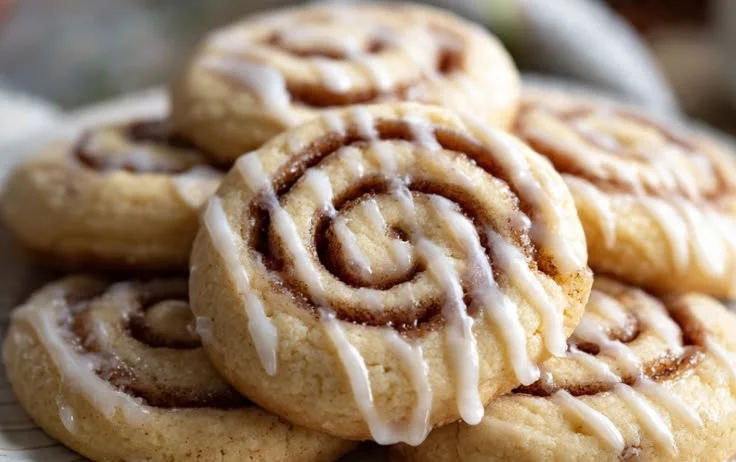 Delicious cinnamon roll cookies topped with icing, perfect for dessert.