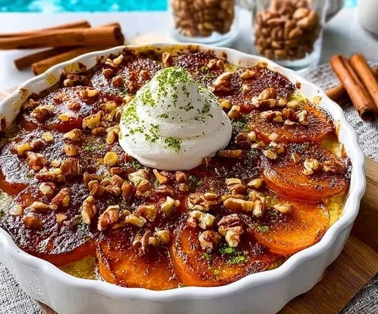 Delicious cinnamon scalloped sweet potatoes baked to perfection.