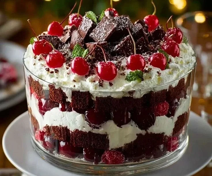 Classic Black Forest Dessert Trifle with layers of chocolate and cherries