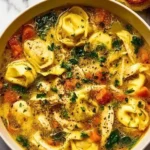 A bowl of classic chicken tortellini soup garnished with parsley.
