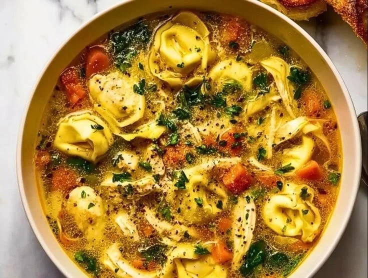 A bowl of classic chicken tortellini soup garnished with parsley.