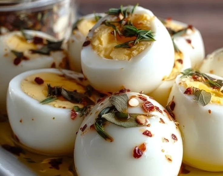 Classic pickled eggs served in a jar, showcasing the vibrant colors and textures.