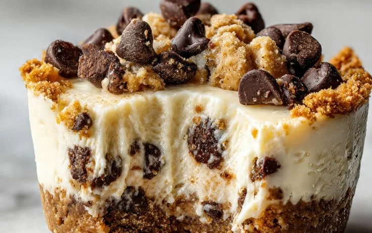 Delicious Cookie Dough Cheesecake Cups topped with cookie dough chunks