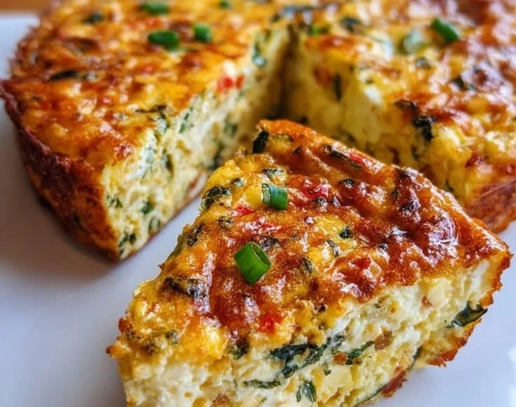 Crustless cottage cheese quiche served on a plate with fresh herbs.